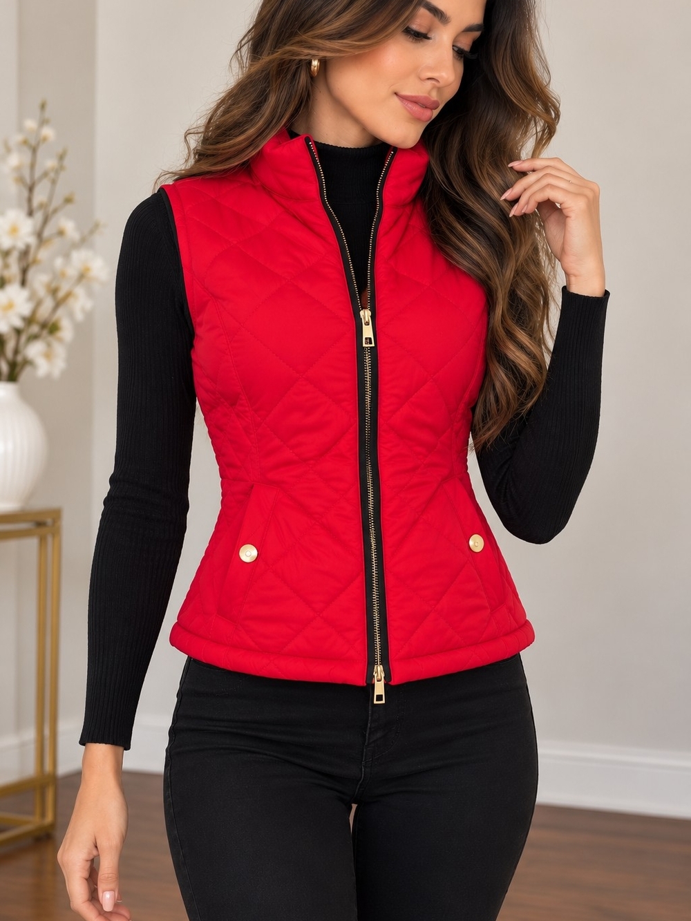 Ralph Lauren Red Quilted Sleeveless Vest with Gold-Tone Accents